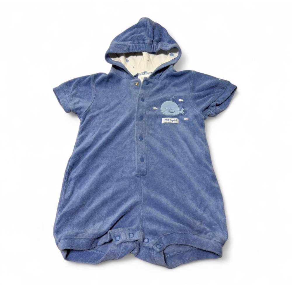 Vintage Carters Baby Boys 9-12M Blue Velour Hooded Romper Whale Little Squirt